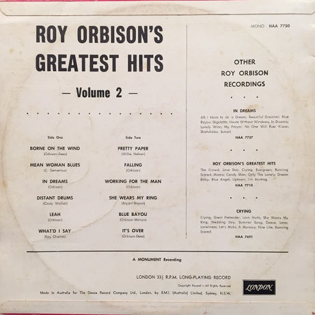 Roy Orbison : Roy Orbison's Greatest Hits Volume 2 (LP, Comp, Mono)