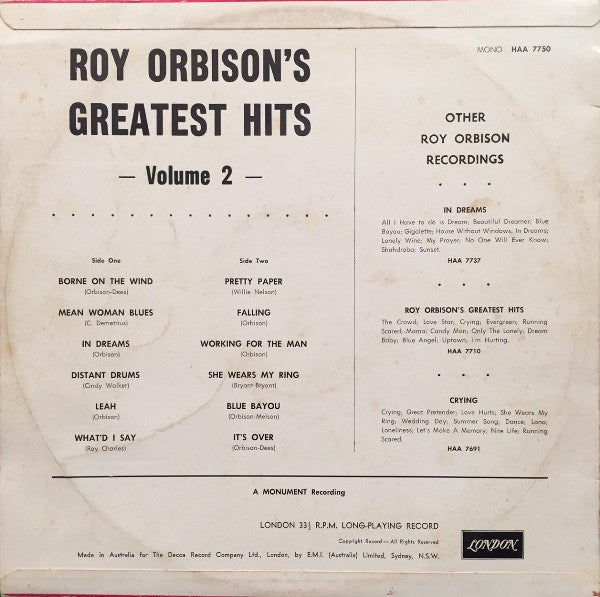 Roy Orbison : Roy Orbison's Greatest Hits Volume 2 (LP, Comp, Mono)