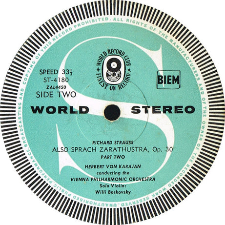Richard Strauss / Wiener Philharmoniker / Herbert von Karajan : Also Sprach Zarathustra Op. 30 (LP, Album, Club)