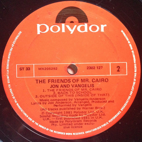 Jon & Vangelis : The Friends Of Mr. Cairo (LP, Album)