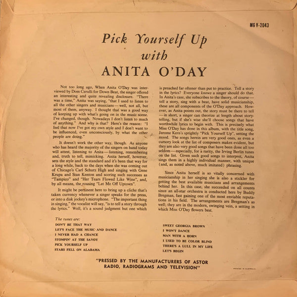 Anita O'Day : Pick Yourself Up (LP, Album, Mono)