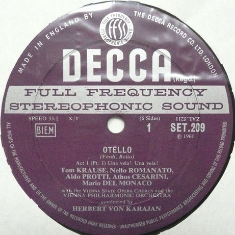 Giuseppe Verdi, Mario del Monaco, Renata Tebaldi, Aldo Protti, Wiener Philharmoniker, Herbert von Karajan : Otello (3xLP, RP + Box)
