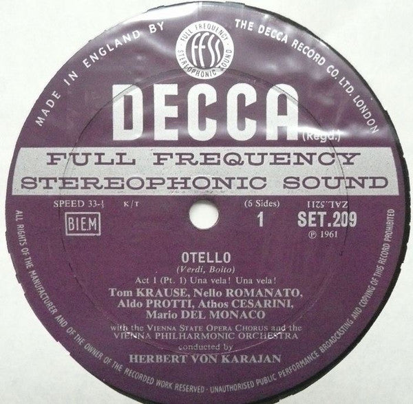 Giuseppe Verdi, Mario del Monaco, Renata Tebaldi, Aldo Protti, Wiener Philharmoniker, Herbert von Karajan : Otello (3xLP, RP + Box)