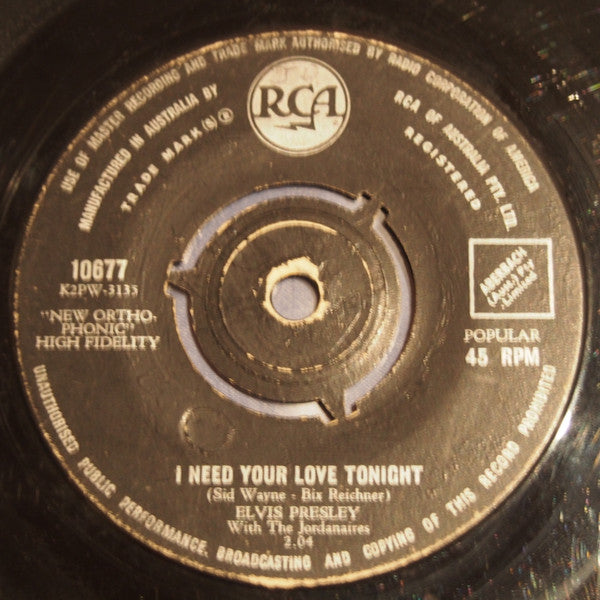 Elvis Presley With The Jordanaires : I Need Your Love Tonight / A Fool Such As I (7", Single, New)