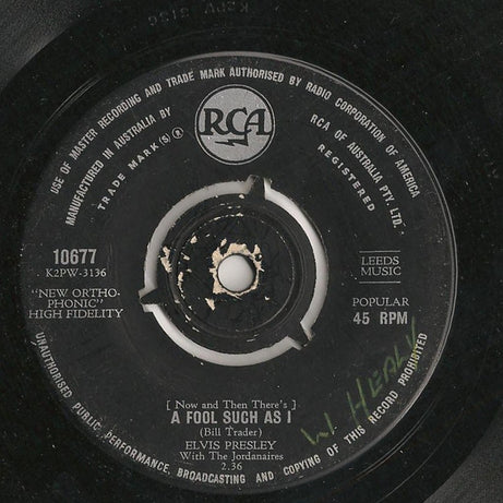 Elvis Presley With The Jordanaires : I Need Your Love Tonight / A Fool Such As I (7", Single, New)