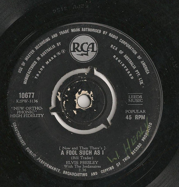Elvis Presley With The Jordanaires : I Need Your Love Tonight / A Fool Such As I (7", Single, New)