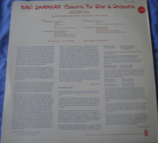 Ravi Shankar & André Previn - London Symphony Orchestra : Concerto For Sitar & Orchestra (LP, Album, Club, RE)