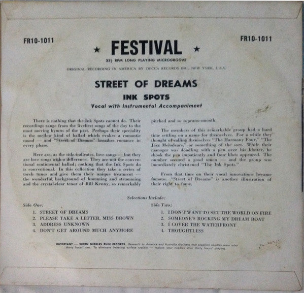 The Ink Spots : Street Of Dreams (10", Comp, Mono)