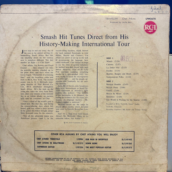 Chet Atkins : Travelin' (LP, Album, Mono, Promo)