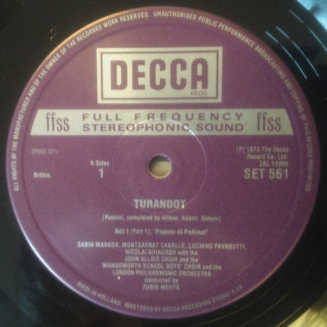 Giacomo Puccini, Joan Sutherland, Luciano Pavarotti, Montserrat Caballé, Nicolai Ghiaurov, Tom Krause With Peter Pears, John Alldis Choir, London Philharmonic Orchestra, Zubin Mehta : Turandot (3xLP + Box)