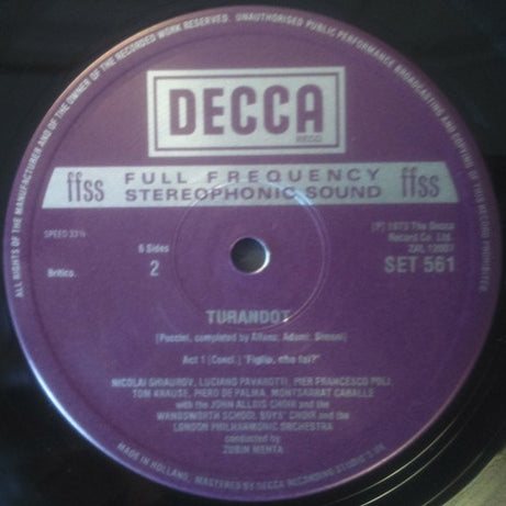 Giacomo Puccini, Joan Sutherland, Luciano Pavarotti, Montserrat Caballé, Nicolai Ghiaurov, Tom Krause With Peter Pears, John Alldis Choir, London Philharmonic Orchestra, Zubin Mehta : Turandot (3xLP + Box)