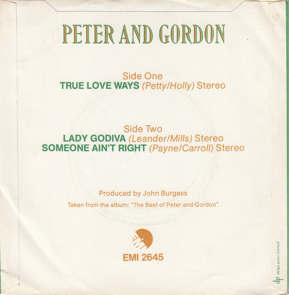Peter & Gordon : True Love Ways (7", Single, Promo, RE)