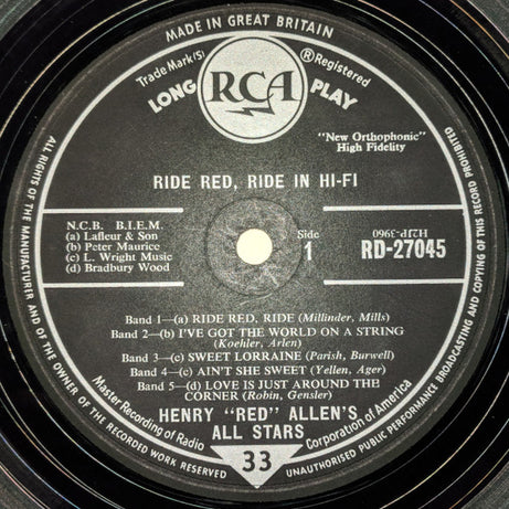 Henry "Red" Allen's All Stars : Ride, Red, Ride In Hi-Fi (LP, Album, Mono)