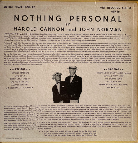 Harold Cannon And John Norman (5) : Nothing Personal: An Inaccurate Exposé Of Life In Nassau (LP, Album)