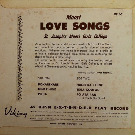 St. Joseph's Maori Girls College Choir : Maori Love Songs (7", EP, RE)