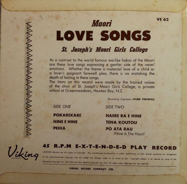 St. Joseph's Maori Girls College Choir : Maori Love Songs (7", EP, RE)
