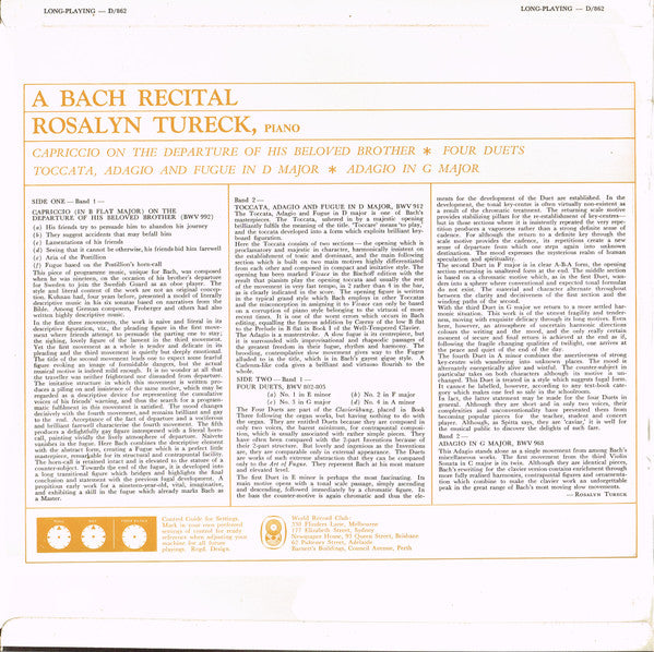 Johann Sebastian Bach / Rosalyn Tureck : A Bach Recital (LP, Album, Mono, Club)
