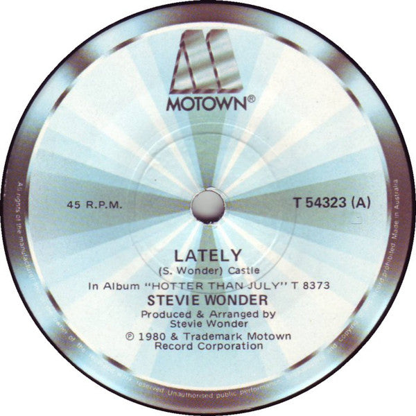 Stevie Wonder : Lately (7", Single)