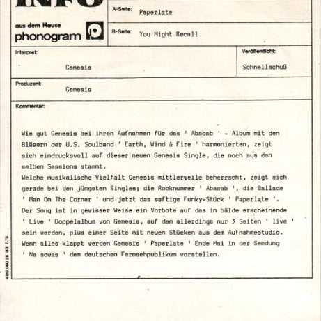 Genesis : Paperlate (7", Single)