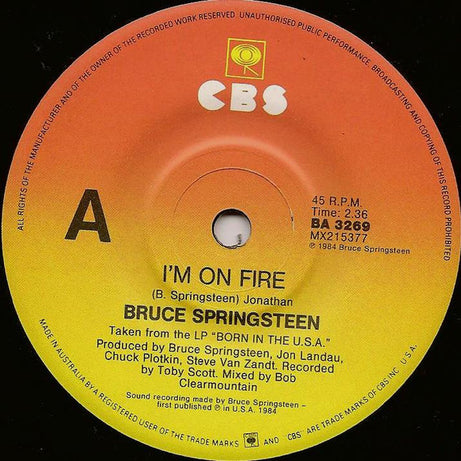 Bruce Springsteen : I'm On Fire (7", Single)