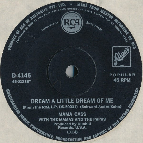 Cass Elliot With The Mamas & The Papas : Dream A Little Dream Of Me (7", Single)