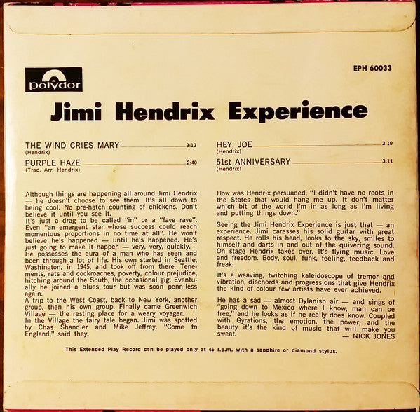 The Jimi Hendrix Experience : The Wind Cries Mary (7", EP, Mono, Bla)