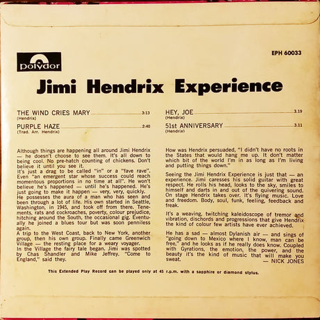 Jimi Hendrix Experience* : The Wind Cries Mary (7", EP, Mono, Bla)