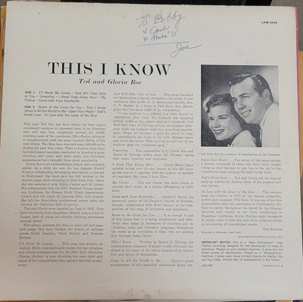 Ted & Gloria Roe : This I Know (LP, Album, Mono)