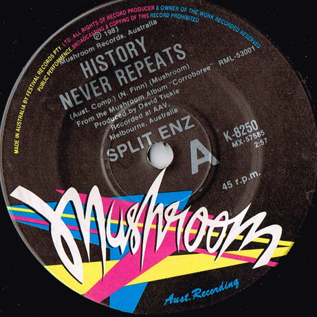 Split Enz : History Never Repeats (7", Single, Pap)