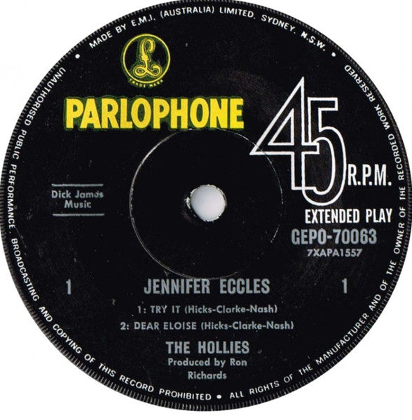 The Hollies : Jennifer Eccles (7", EP, Mono)