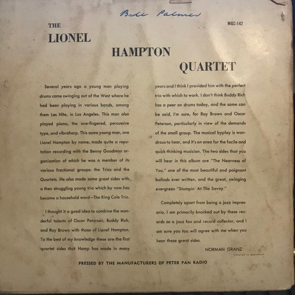 The Lionel Hampton Quartet* : The Lionel Hampton Quartet (10", Mono)