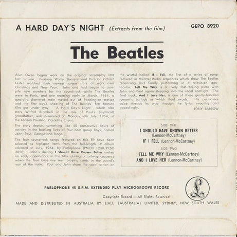 The Beatles : Extracts From The Film A Hard Day's Night (7", EP, Mono)