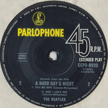 The Beatles : Extracts From The Film A Hard Day's Night (7", EP, Mono)