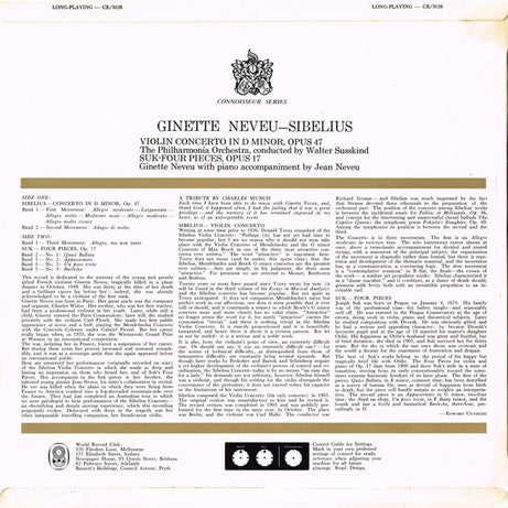 Ginette Neveu, Jean Sibelius, Josef Suk (2) : Violin Concerto In D Minor, Opus 47 / Four Pieces, Opus 17 (LP, Comp, Mono, Club)