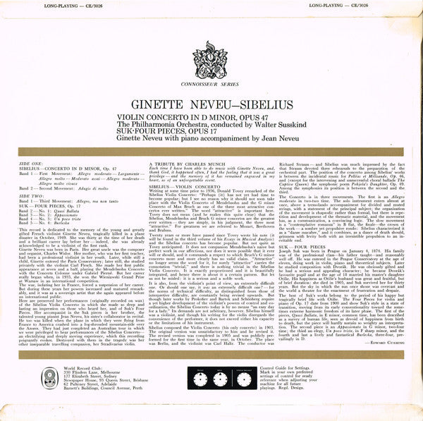 Ginette Neveu, Jean Sibelius, Josef Suk (2) : Violin Concerto In D Minor, Opus 47 / Four Pieces, Opus 17 (LP, Comp, Mono, Club)