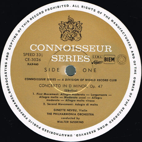 Ginette Neveu, Jean Sibelius, Josef Suk (2) : Violin Concerto In D Minor, Opus 47 / Four Pieces, Opus 17 (LP, Comp, Mono, Club)