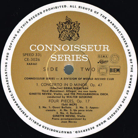 Ginette Neveu, Jean Sibelius, Josef Suk (2) : Violin Concerto In D Minor, Opus 47 / Four Pieces, Opus 17 (LP, Comp, Mono, Club)
