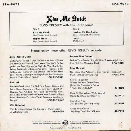 Elvis Presley : Kiss Me Quick (7", EP, S7)