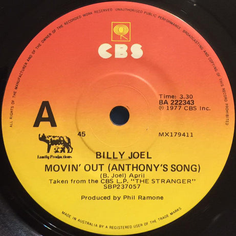 Billy Joel : Movin' Out (Anthony's Song) (7", Single)
