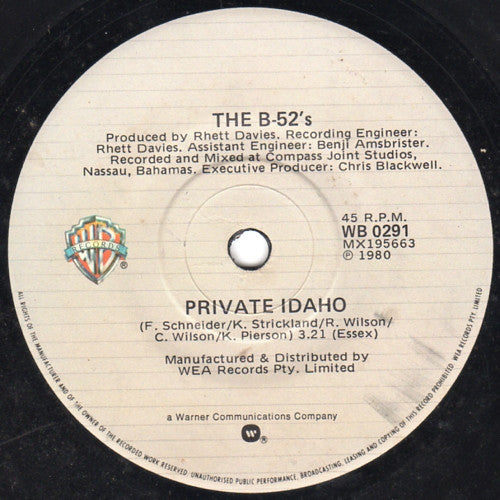 The B-52's : Private Idaho (7", Single)