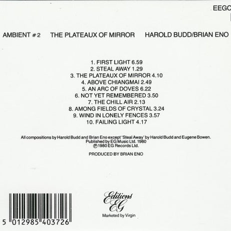 Harold Budd / Brian Eno : Ambient 2: The Plateaux Of Mirror (CD, Album, RE)