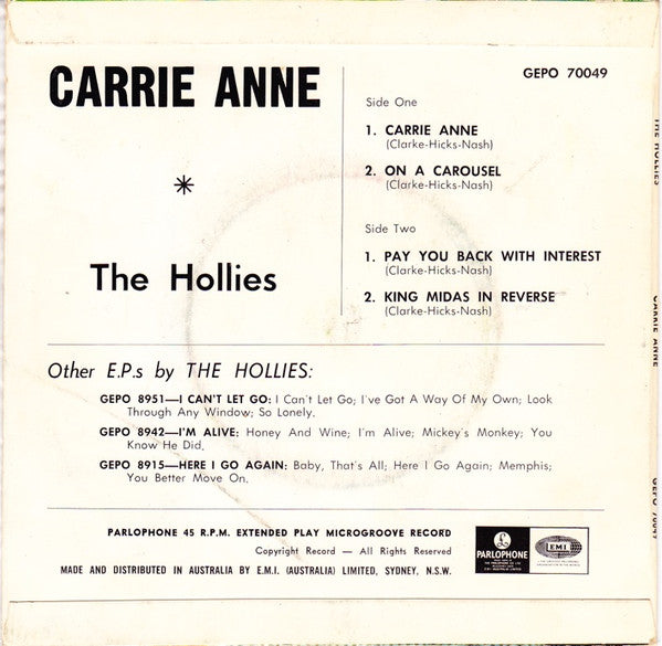 The Hollies : Carrie Anne (7", EP)