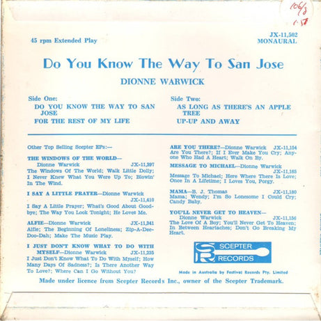 Dionne Warwick : Do You Know The Way To San Jose (7", EP, Mono)