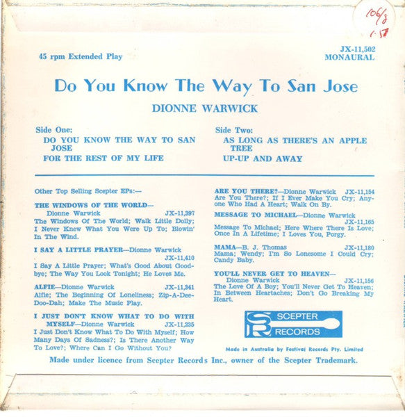Dionne Warwick : Do You Know The Way To San Jose (7", EP, Mono)