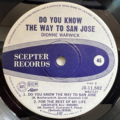 Dionne Warwick : Do You Know The Way To San Jose (7", EP, Mono)