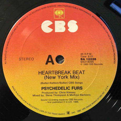 The Psychedelic Furs : Heartbreak Beat (New York Mix) (12", Single)