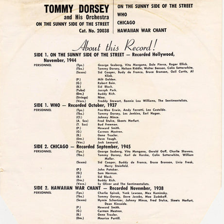 Tommy Dorsey And His Orchestra : On The Sunny Side Of The Street (7", EP)