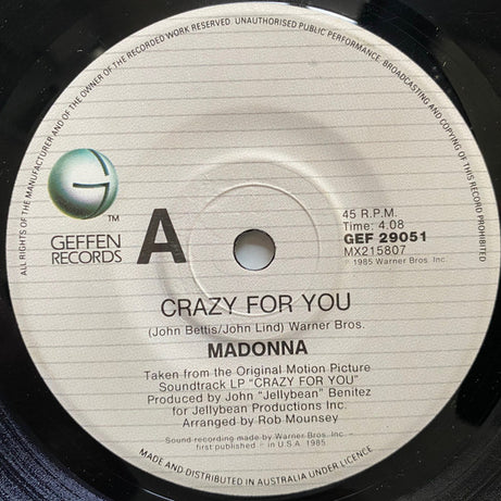 Madonna : Crazy For You (7", Single)