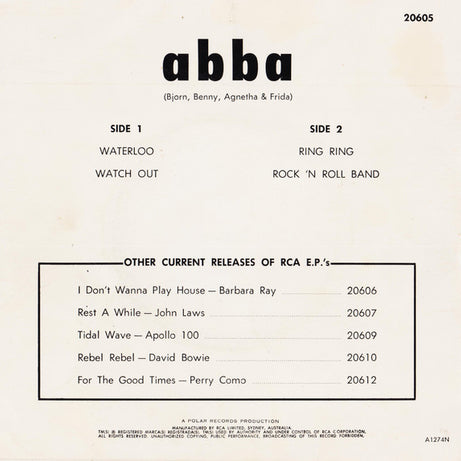 ABBA : Waterloo / Watch Out / Ring Ring / Rock 'N Roll Band (7", EP)
