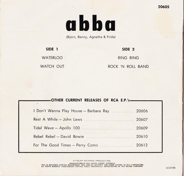 ABBA : Waterloo / Watch Out / Ring Ring / Rock 'N Roll Band (7", EP)